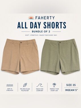 Faherty All Day Shorts Bundle Men’s Size 35 Beige & Sage Green